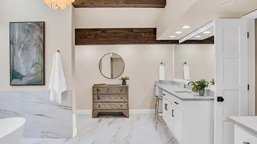 Luxury master bathroom renovation featuring walk-in tile shower and double vanity in Broken Arrow by Story Remodeling
