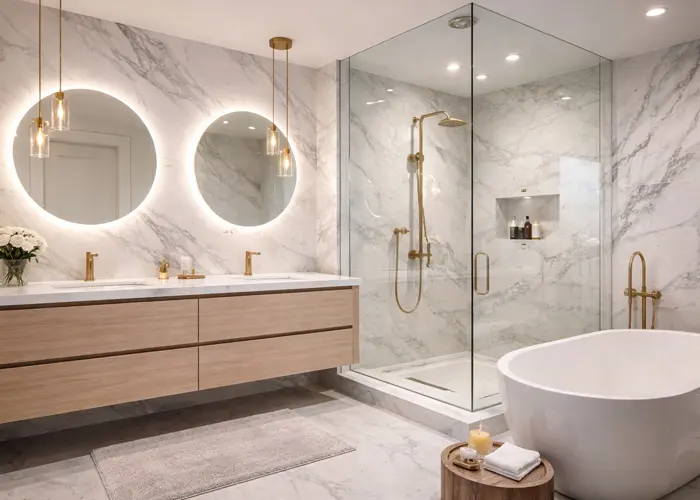 Custom glass walk-in shower with marble-look tile and a built-in niche