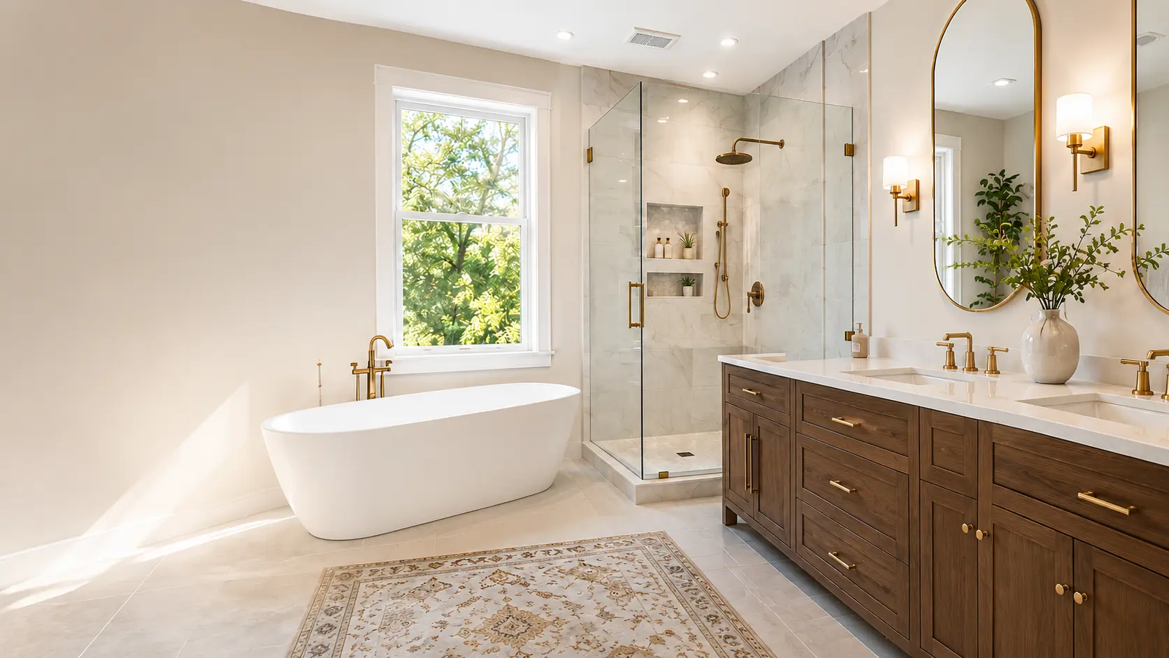 Bathroom with glass shower, tile and freestanding tub