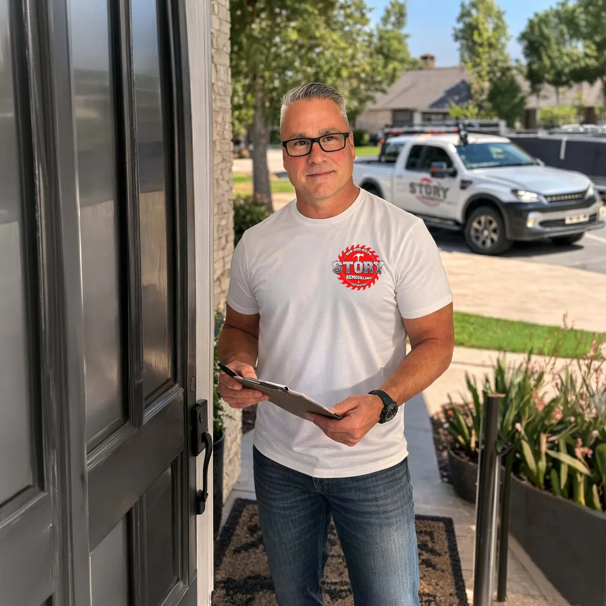 jason Jason Story, owner of Story Remodeling, arriving at a Tulsa-area home