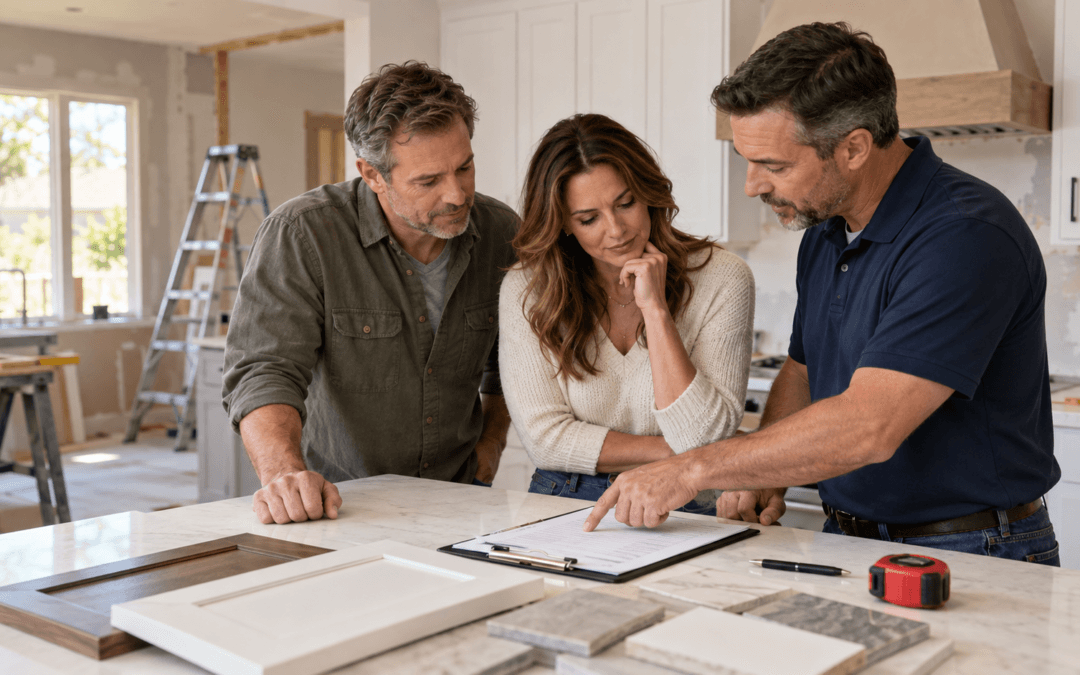 Homeowners reviewing an itemized remodeling estimate with a contractor at a kitchen island in a Tulsa home