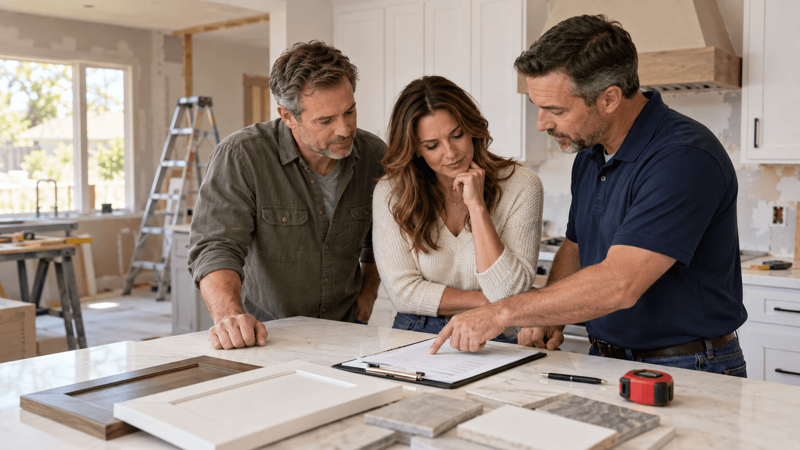 Homeowners reviewing an itemized remodeling estimate with a contractor at a kitchen island in a Tulsa home